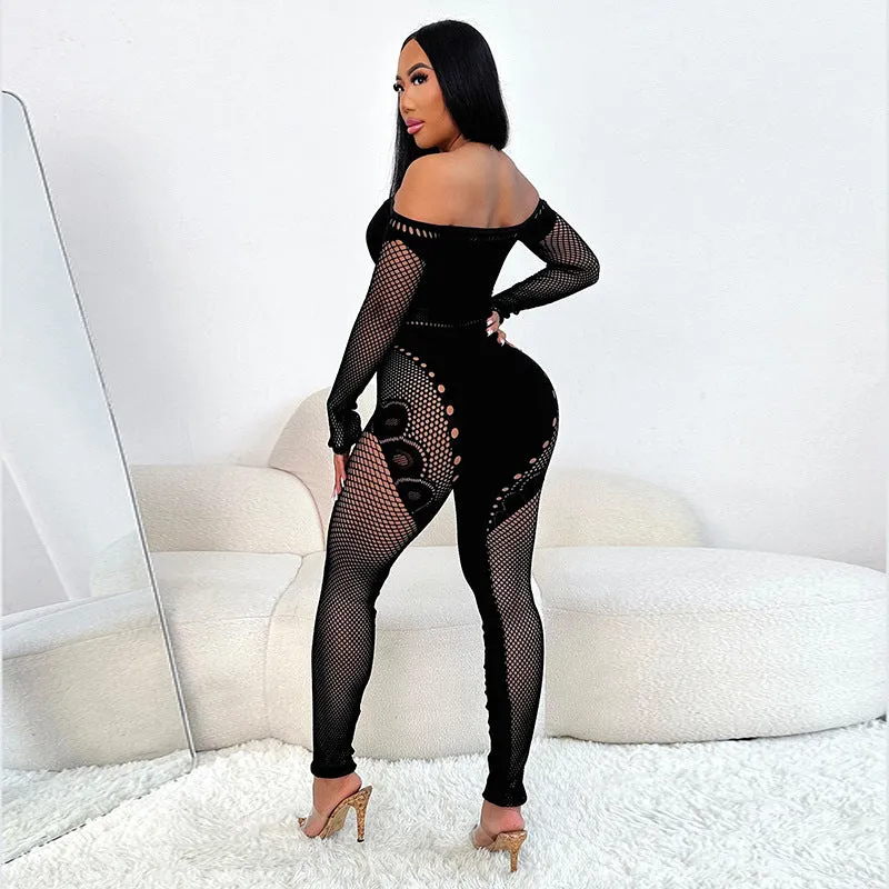 Alluring Off-Shoulder Lace Hollow-Design Slim Fit Jumpsuit