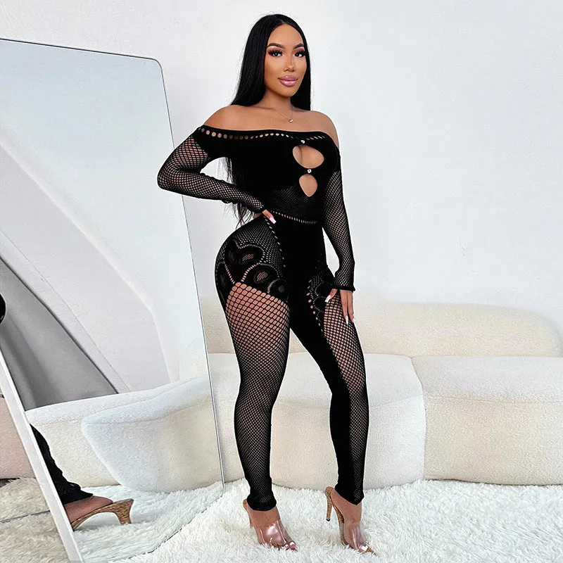 Alluring Off-Shoulder Lace Hollow-Design Slim Fit Jumpsuit
