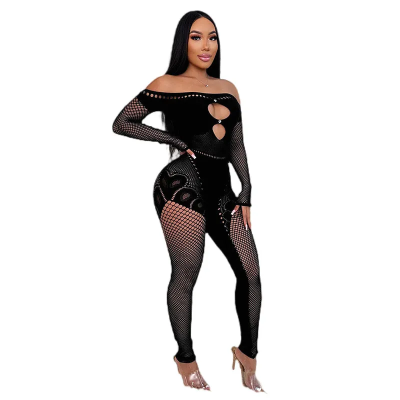 Alluring Off-Shoulder Lace Hollow-Design Slim Fit Jumpsuit