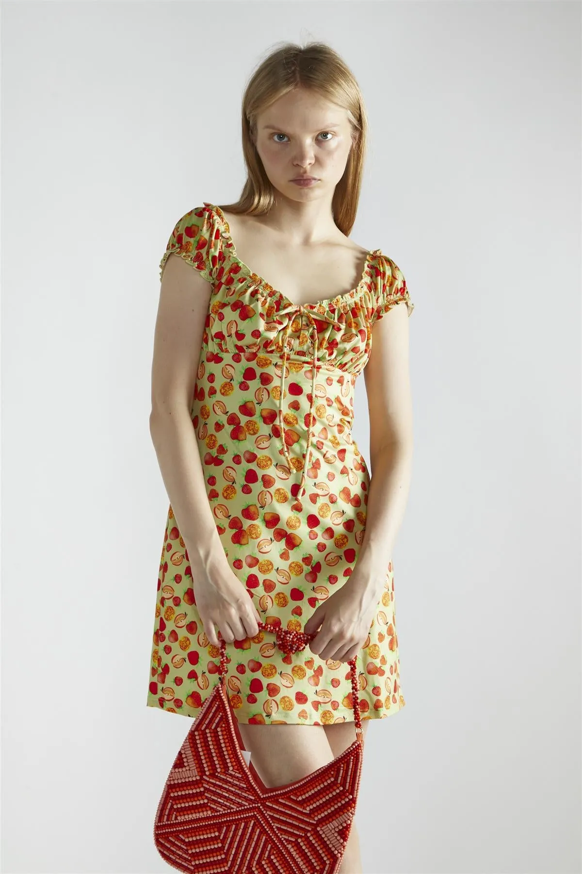 Apple-Green-Fruit Short-Sleeve-A-Line Mini-Dress