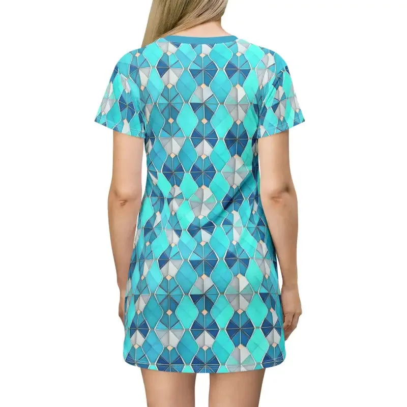 Aqua Blue Geometric Shirt Dress Bold Trend Statement