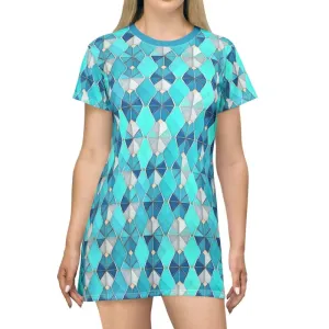 Aqua Blue Geometric Shirt Dress Bold Trend Statement