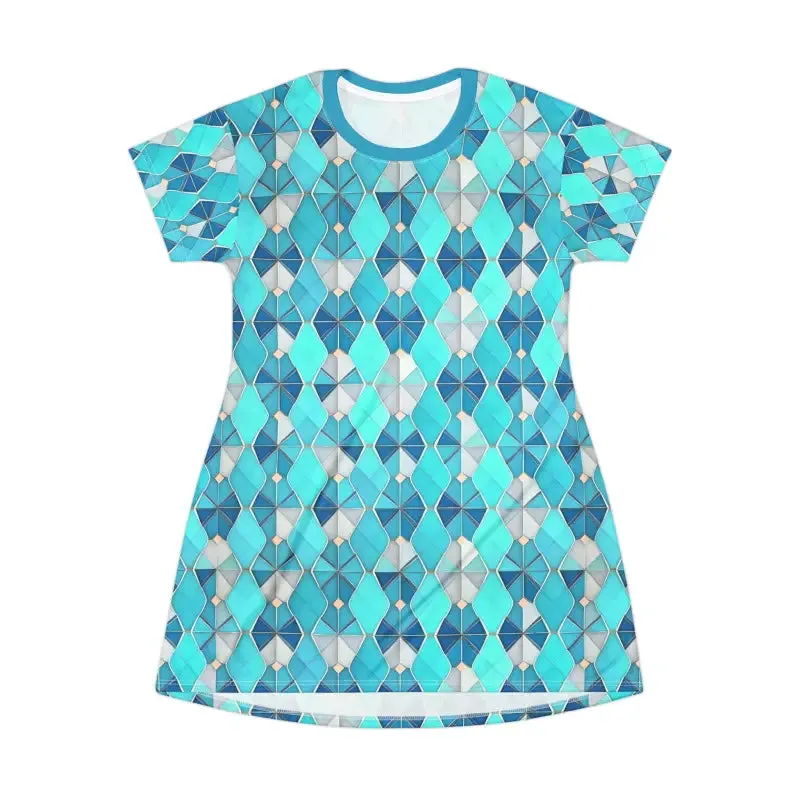 Aqua Blue Geometric Shirt Dress Bold Trend Statement