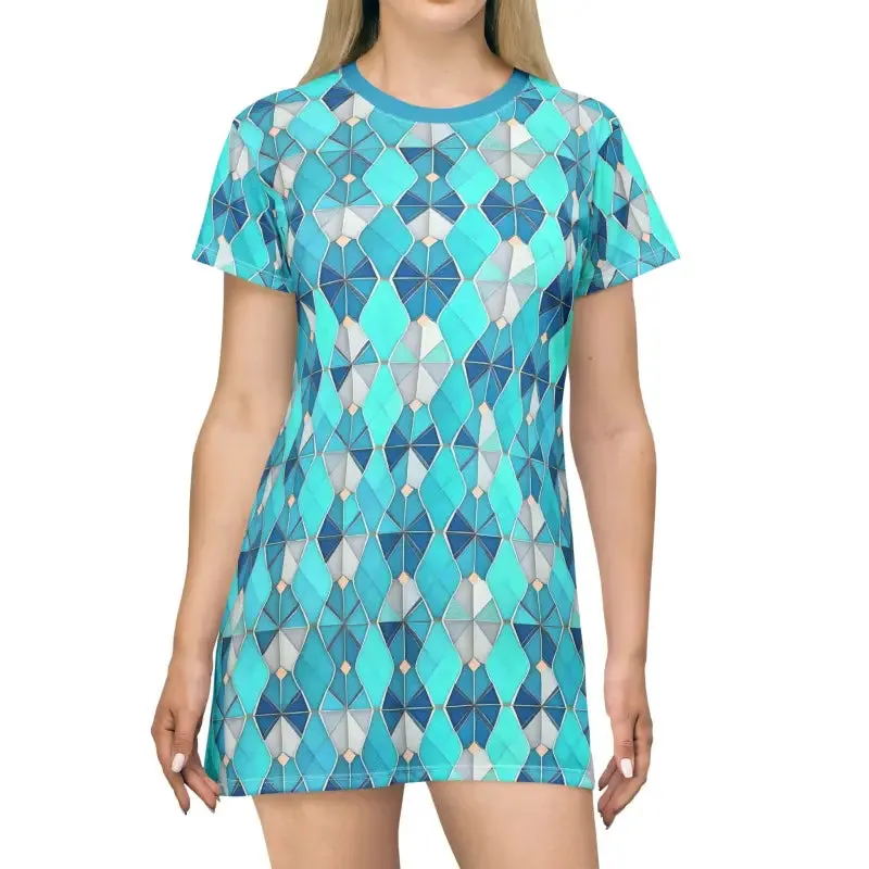 Aqua Blue Geometric Shirt Dress Bold Trend Statement