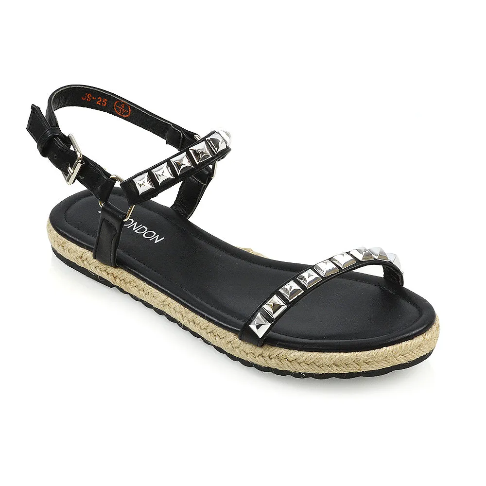 Ashden Studded Flat Cork Sole Summer Sandals With Ankle Strap in Black