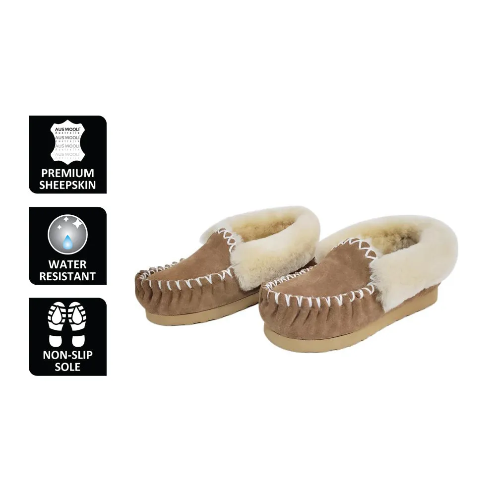 AUS WOOLI HAND STITCHED WOMENS SHEEPSKIN MOCCASIN - Chestnut/Tan