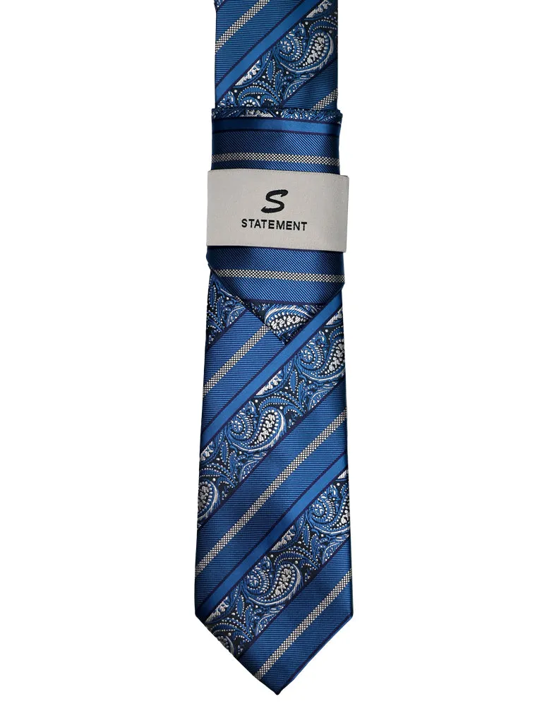 BLUE PAISLEY STRIPE 2 PC TIE & HANKIE SET