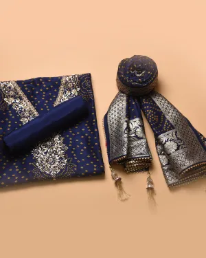 Blue Silk Viscose Woven With Embroidery Unstitched Suit Fabric Set WIth Silk Banarasi Woven Dupatta