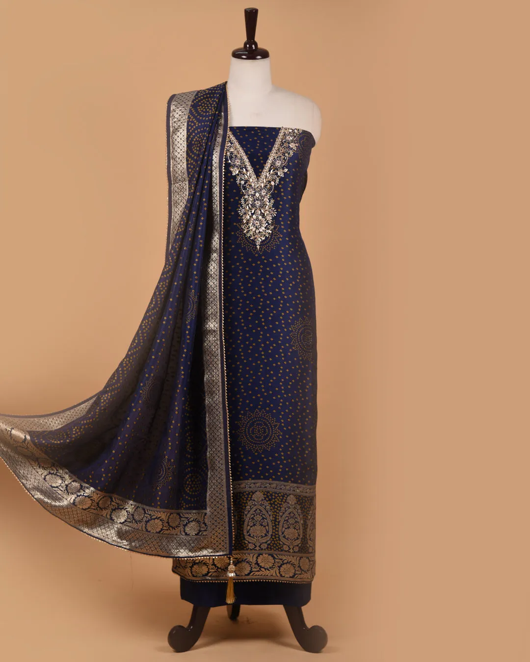 Blue Silk Viscose Woven With Embroidery Unstitched Suit Fabric Set WIth Silk Banarasi Woven Dupatta