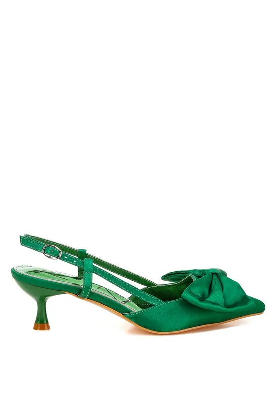 Callista Satin Bow Slingback Heels – Kitten Heel, Pointed Toe, Elegant Style