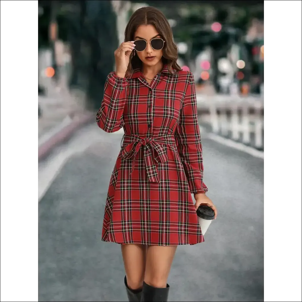 Chic Plaid Tie Front Long Sleeve Dress