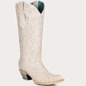 Corral Boots Women's White Glitter Overlay And Embroidery Triad Snip Toe Cowboy Boot
