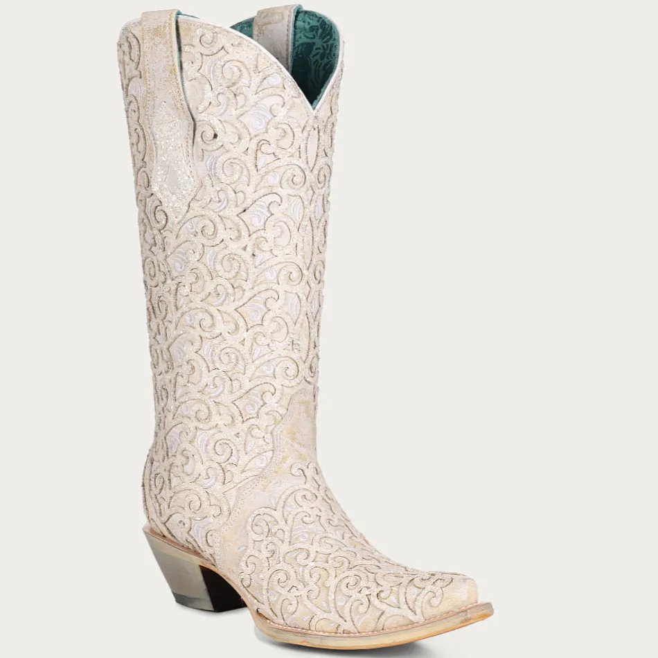 Corral Boots Women's White Glitter Overlay And Embroidery Triad Snip Toe Cowboy Boot