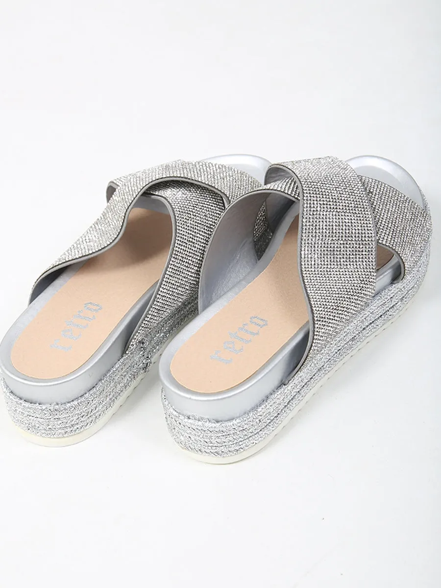 Cross Strap Diamante Embellished Espadrille Sliders