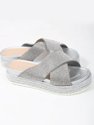 Cross Strap Diamante Embellished Espadrille Sliders