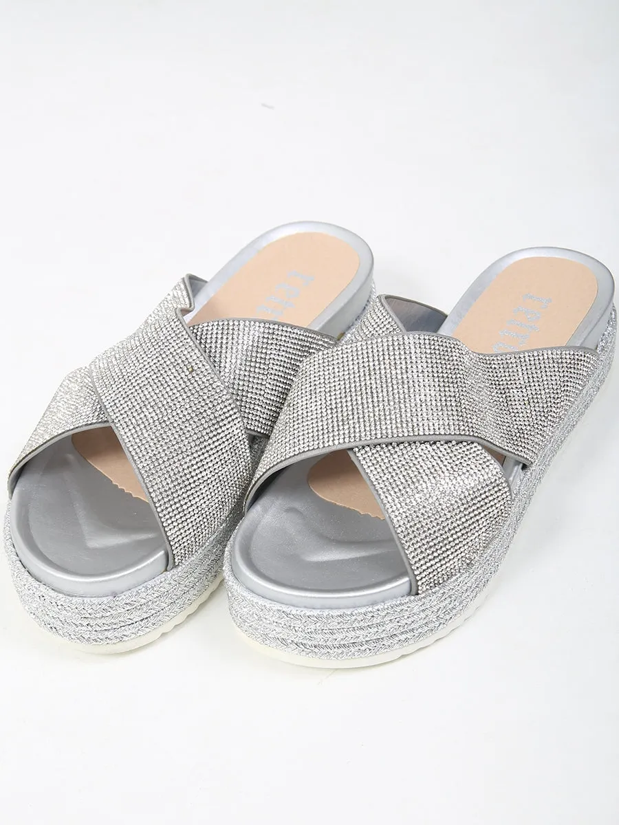 Cross Strap Diamante Embellished Espadrille Sliders