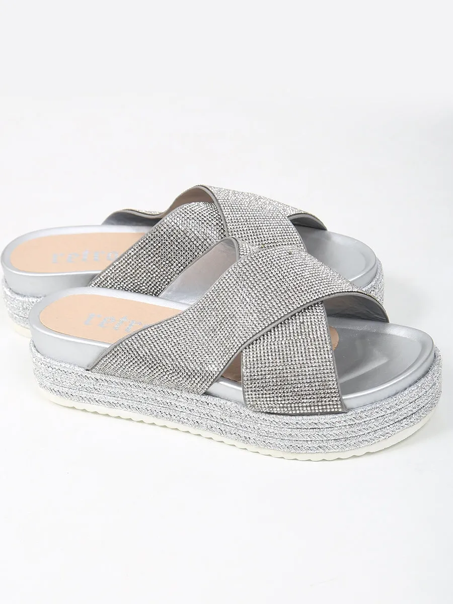 Cross Strap Diamante Embellished Espadrille Sliders