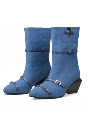 Cross Straps Denim Moto Boots