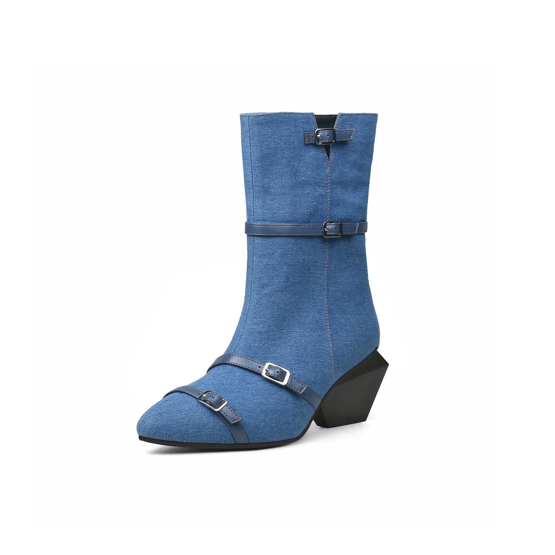Cross Straps Denim Moto Boots