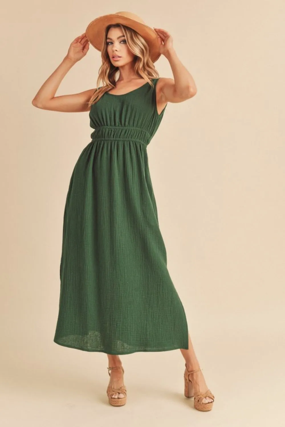 Dark Green Slit Round Neck Sleeveless Tank Dress