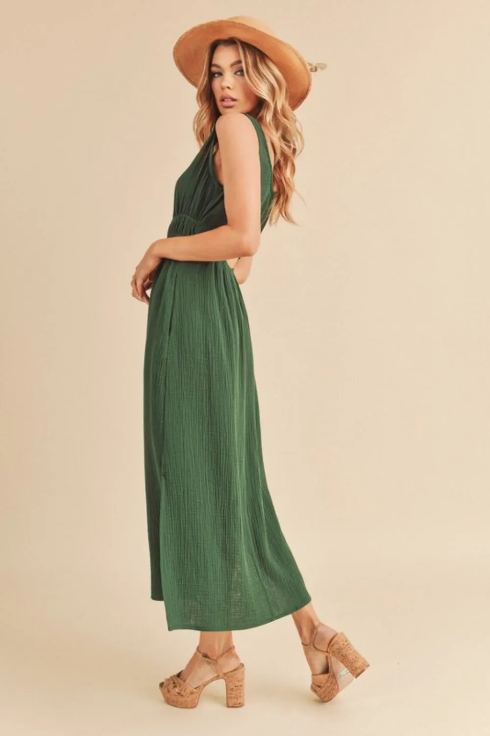 Dark Green Slit Round Neck Sleeveless Tank Dress
