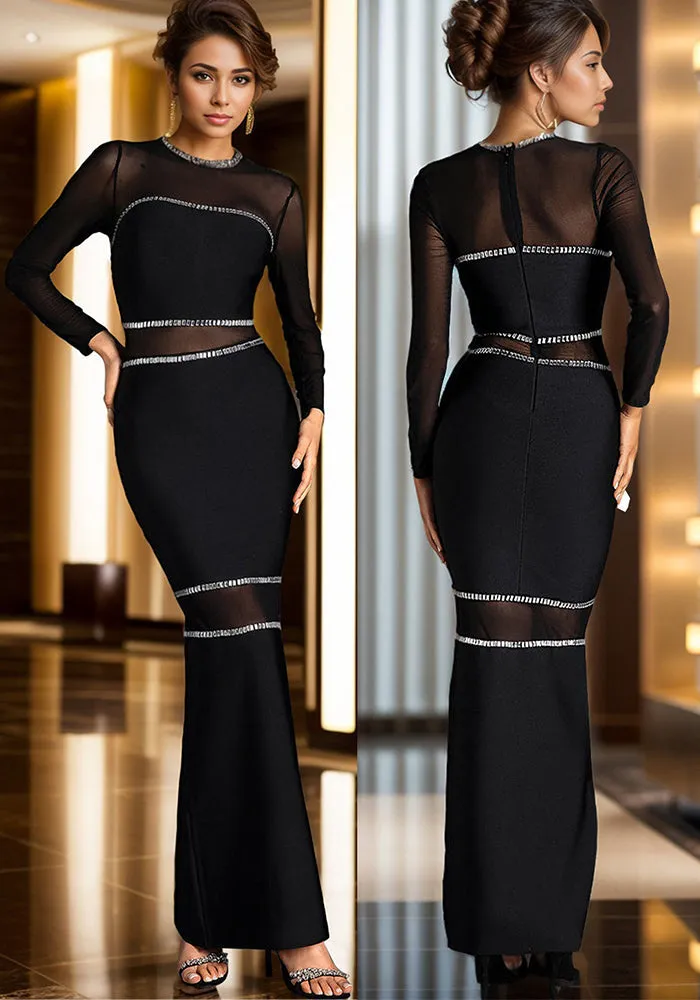 Dazzling Beaded Slit Mesh Bodycon Dress for Show-Stopping Elegance