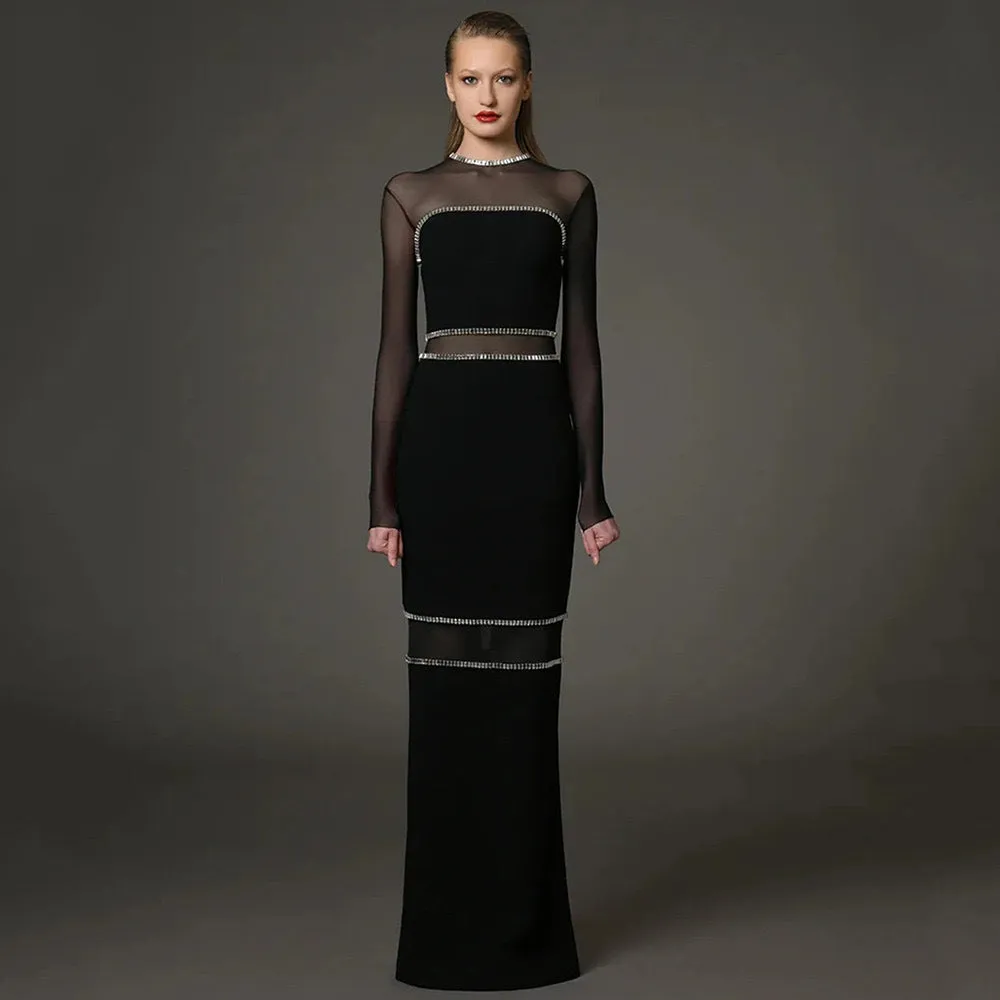 Dazzling Beaded Slit Mesh Bodycon Dress for Show-Stopping Elegance