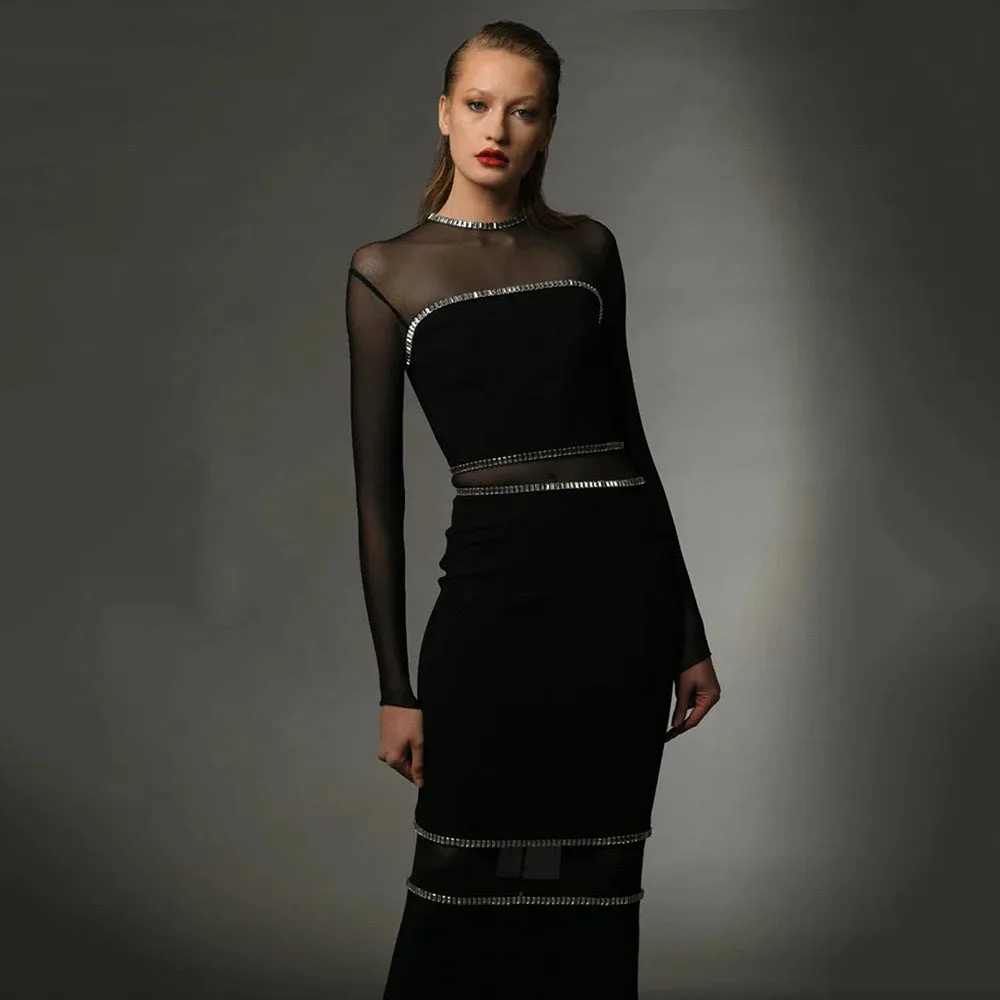 Dazzling Beaded Slit Mesh Bodycon Dress for Show-Stopping Elegance