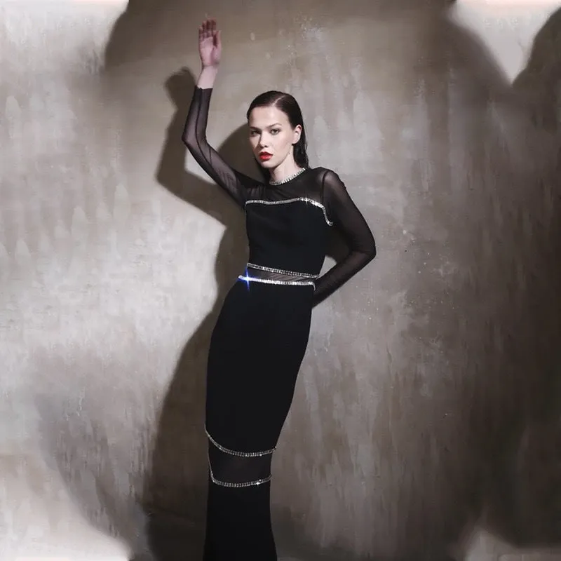 Dazzling Beaded Slit Mesh Bodycon Dress for Show-Stopping Elegance