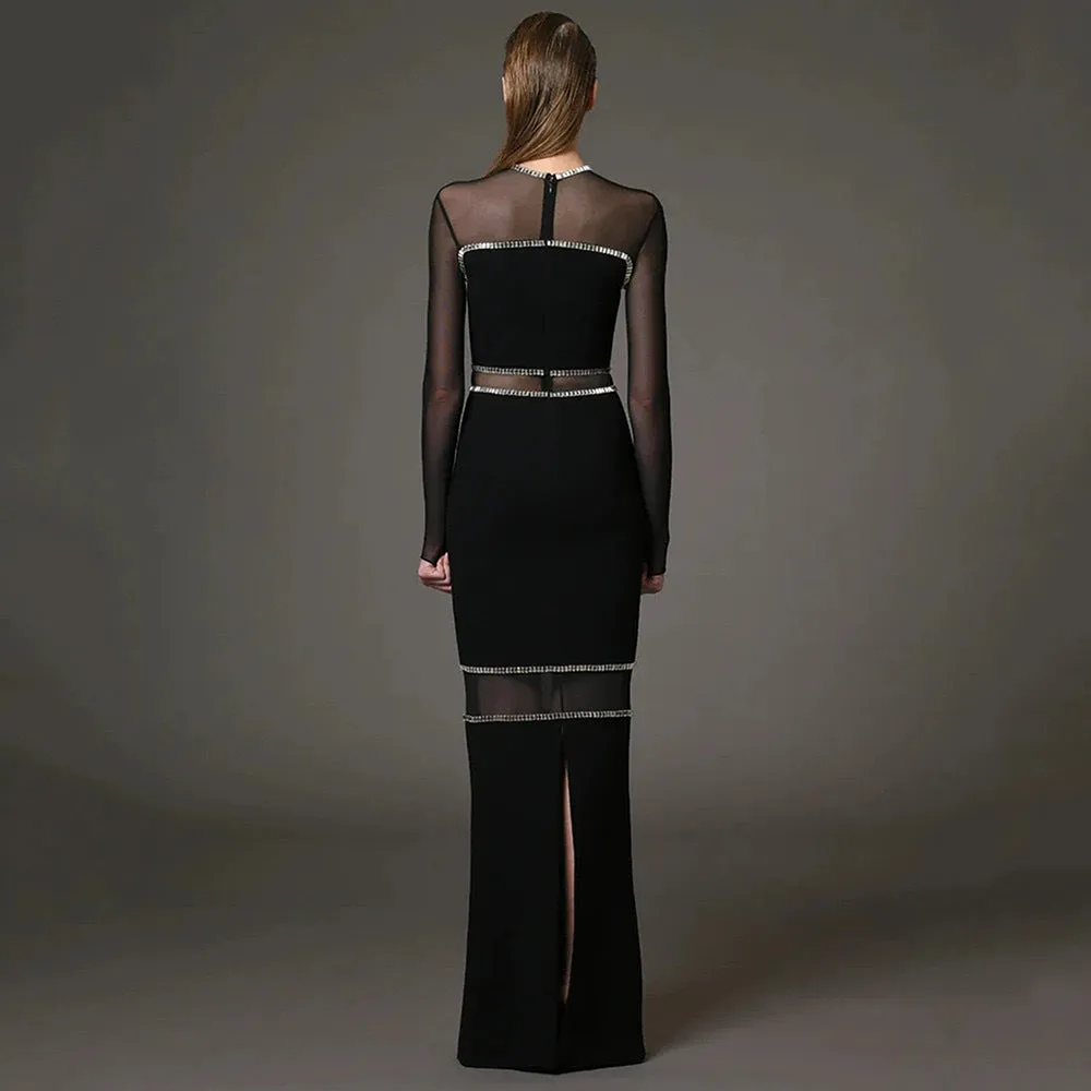 Dazzling Beaded Slit Mesh Bodycon Dress for Show-Stopping Elegance
