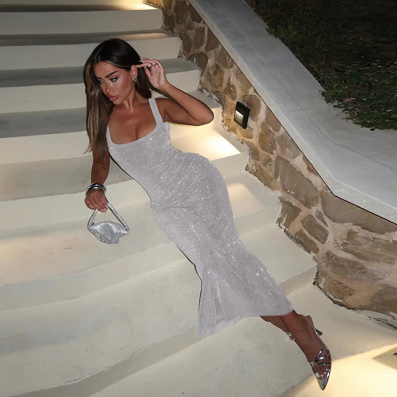 Dazzling Square-Neck Sequin Bodycon Maxi Dress