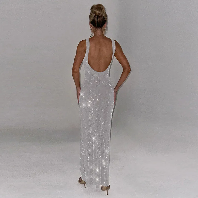 Dazzling Square-Neck Sequin Bodycon Maxi Dress