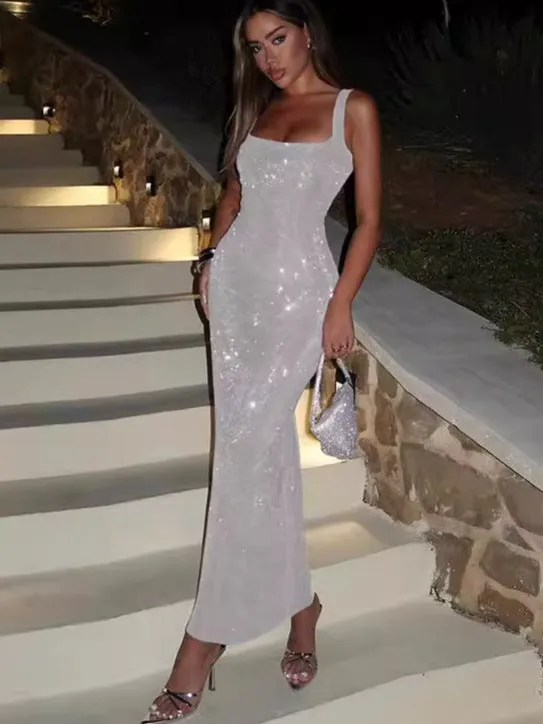 Dazzling Square-Neck Sequin Bodycon Maxi Dress