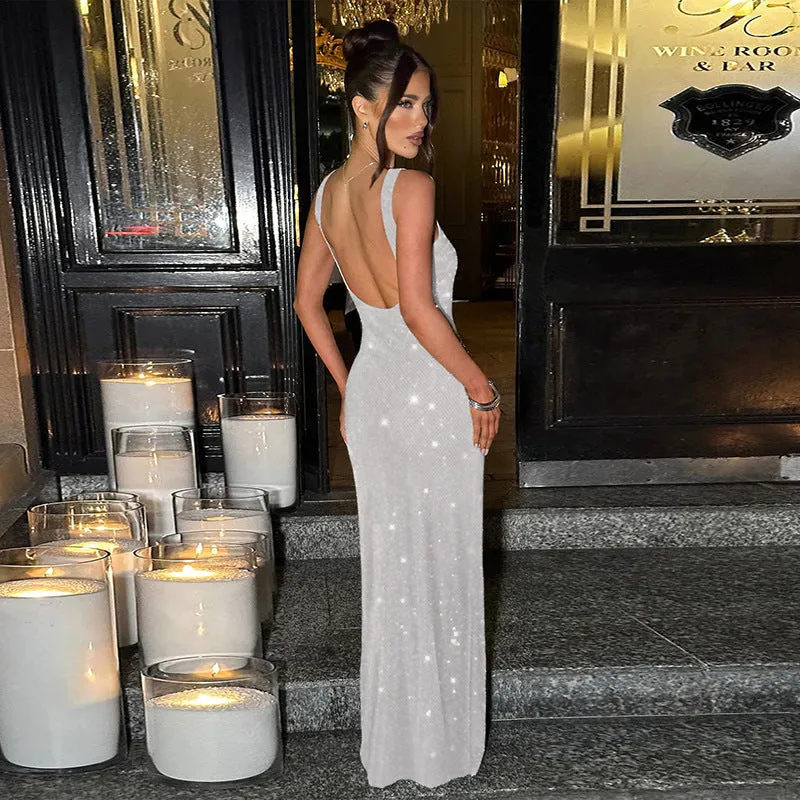 Dazzling Square-Neck Sequin Bodycon Maxi Dress