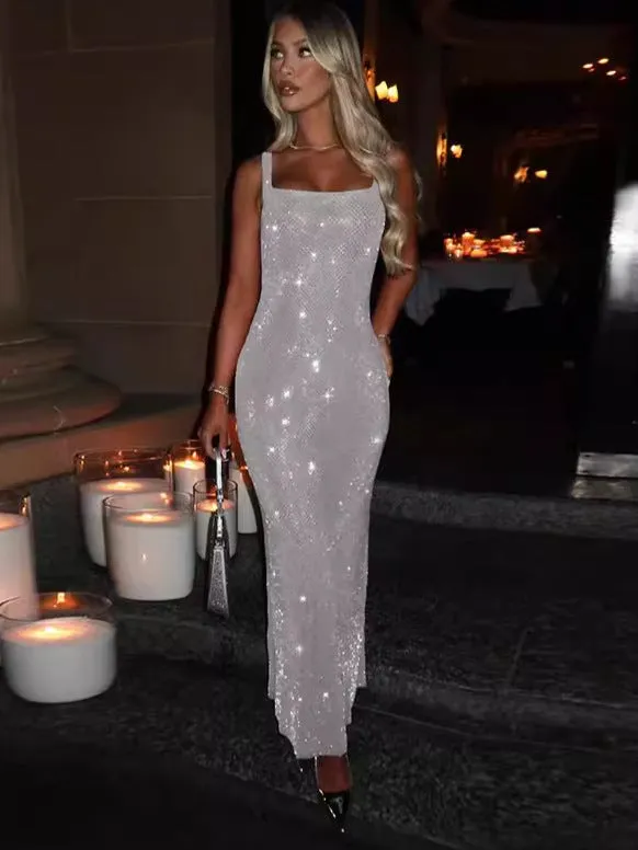 Dazzling Square-Neck Sequin Bodycon Maxi Dress