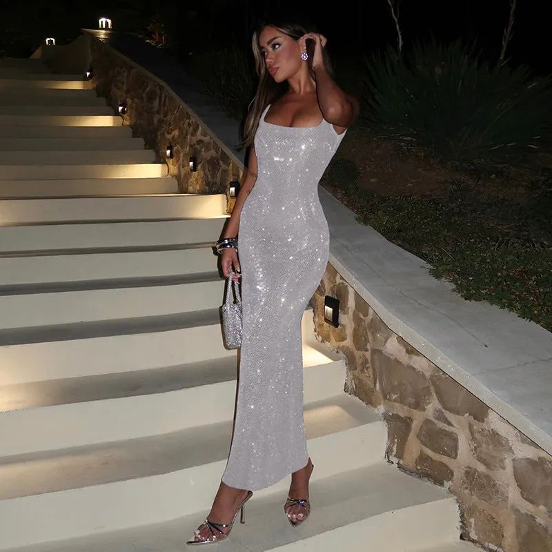 Dazzling Square-Neck Sequin Bodycon Maxi Dress