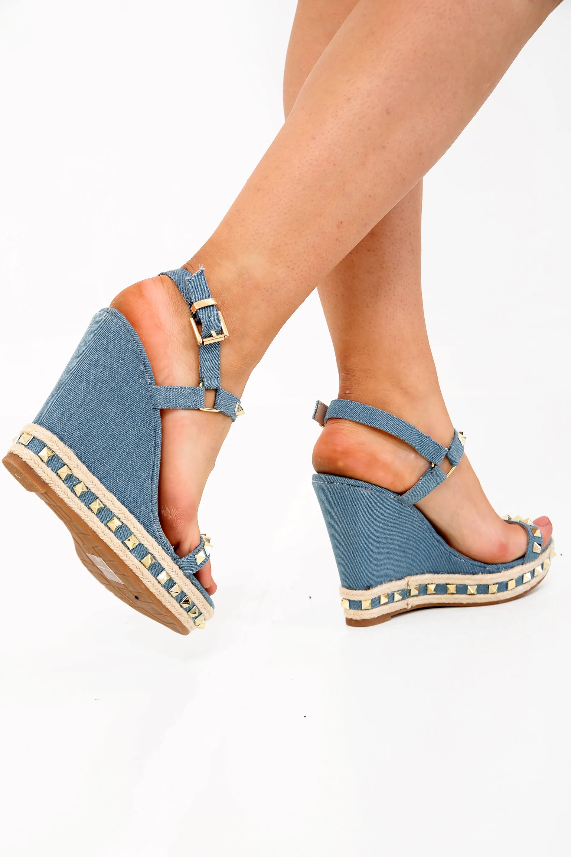 Denim Studded Espadrille Wedge Sandals