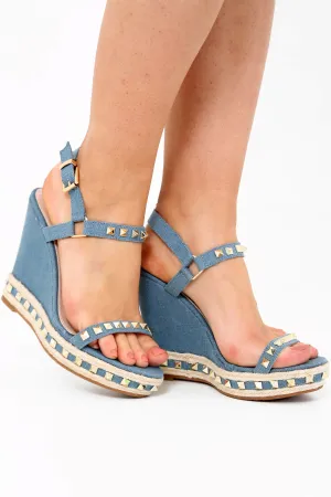 Denim Studded Espadrille Wedge Sandals