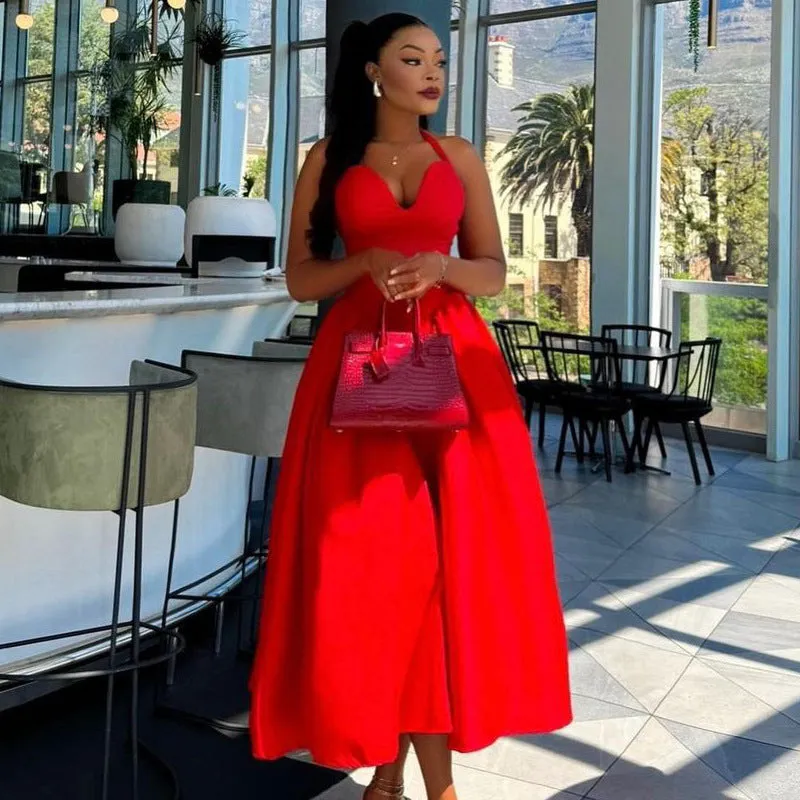 Elegant Halter-Neck Flared Midi Evening Dress