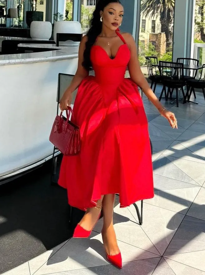 Elegant Halter-Neck Flared Midi Evening Dress
