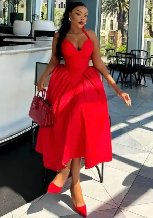 Elegant Halter-Neck Flared Midi Evening Dress