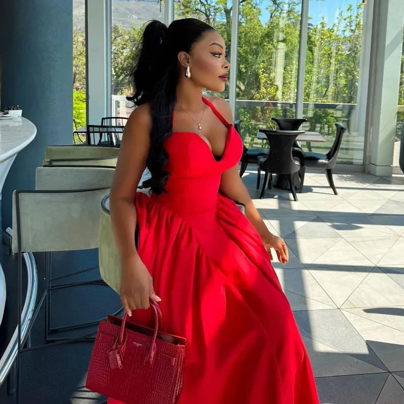 Elegant Halter-Neck Flared Midi Evening Dress