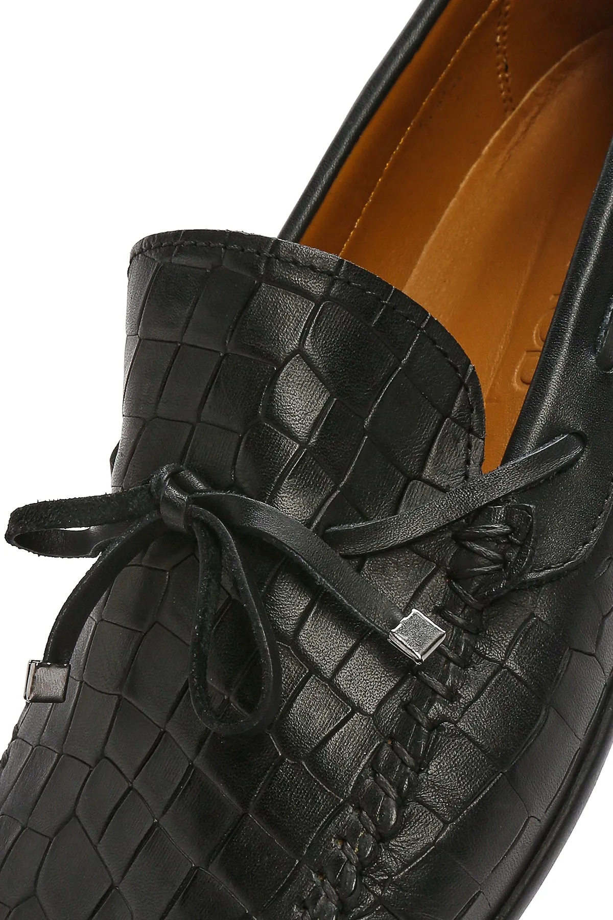 Erkek Siyah Kroko Desenli Deri Casual Loafer