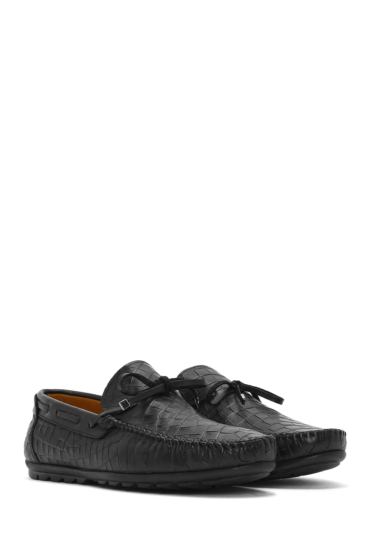 Erkek Siyah Kroko Desenli Deri Casual Loafer