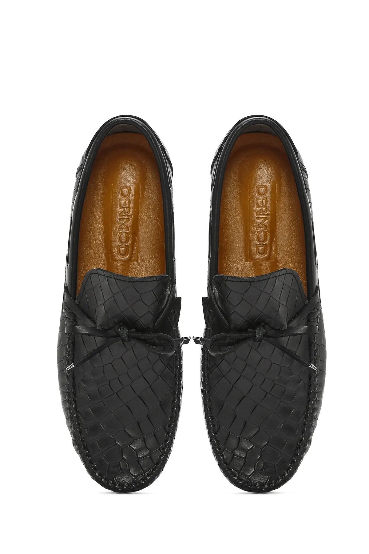 Erkek Siyah Kroko Desenli Deri Casual Loafer