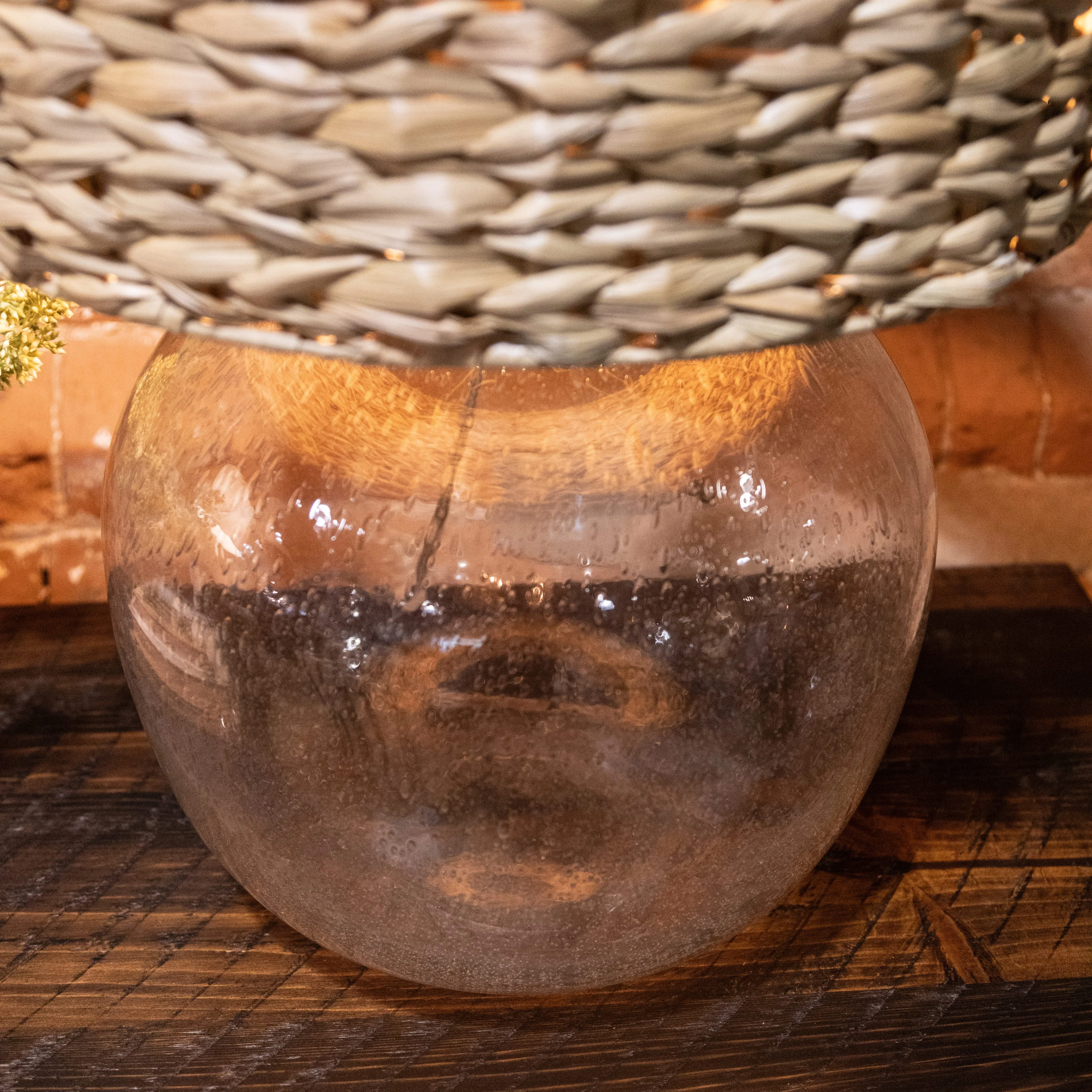 Glass Base, Woven Rattan Shade - Table Lamp