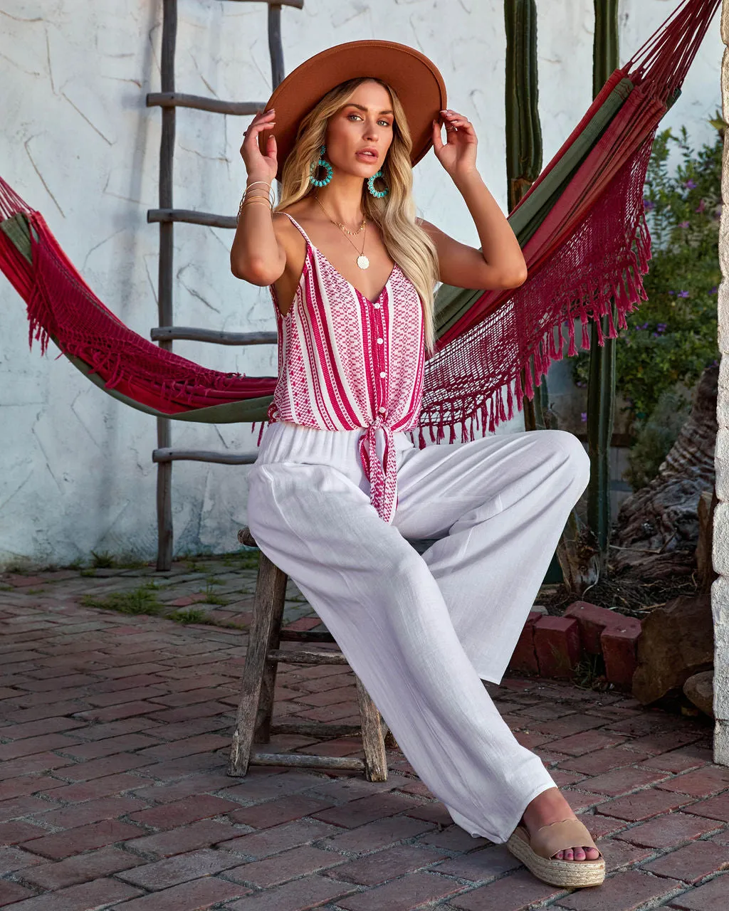 Hadia Woven Button Down Tie Tank - Red