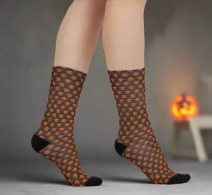 Halloween Orange and Black Skull and Crossbones Pattern Crew Socks