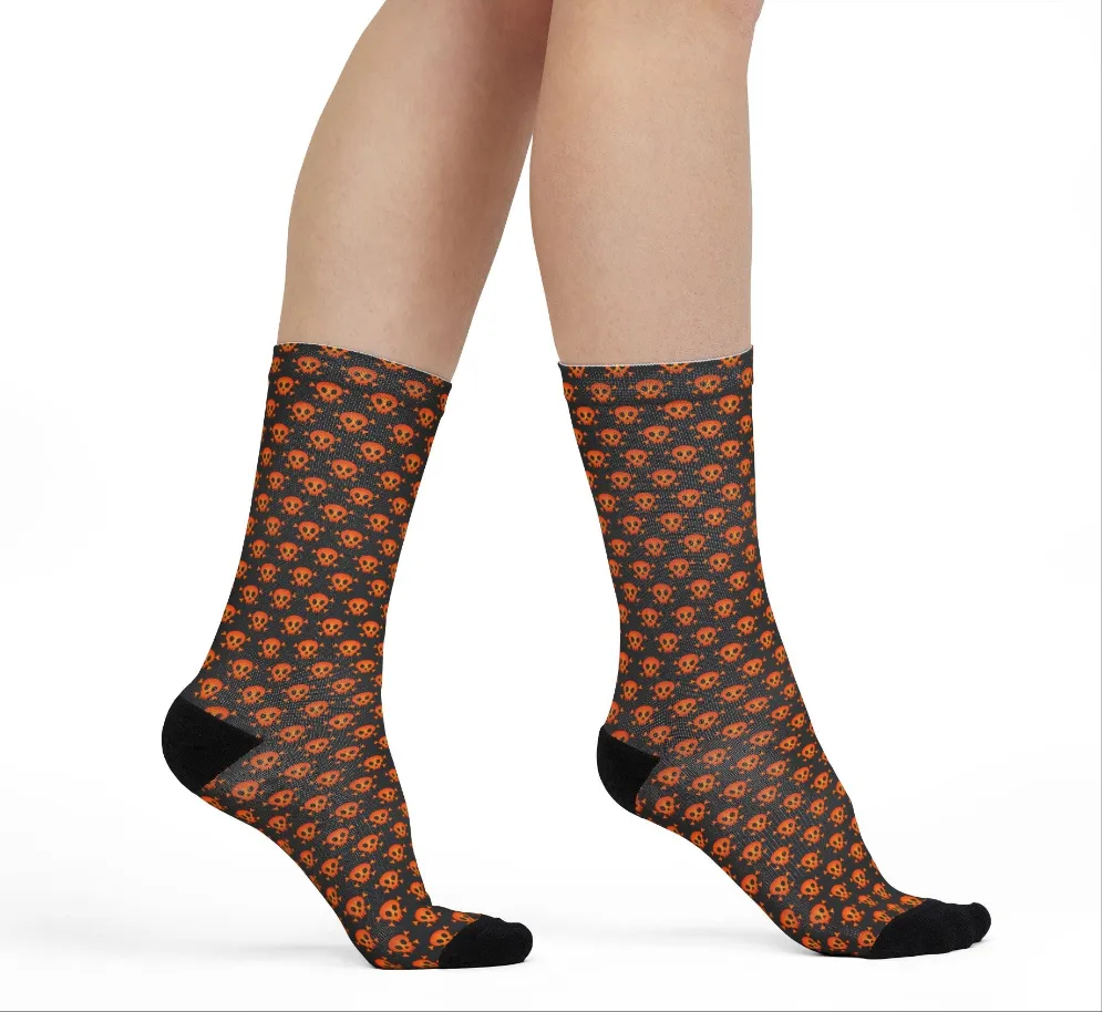 Halloween Orange and Black Skull and Crossbones Pattern Crew Socks