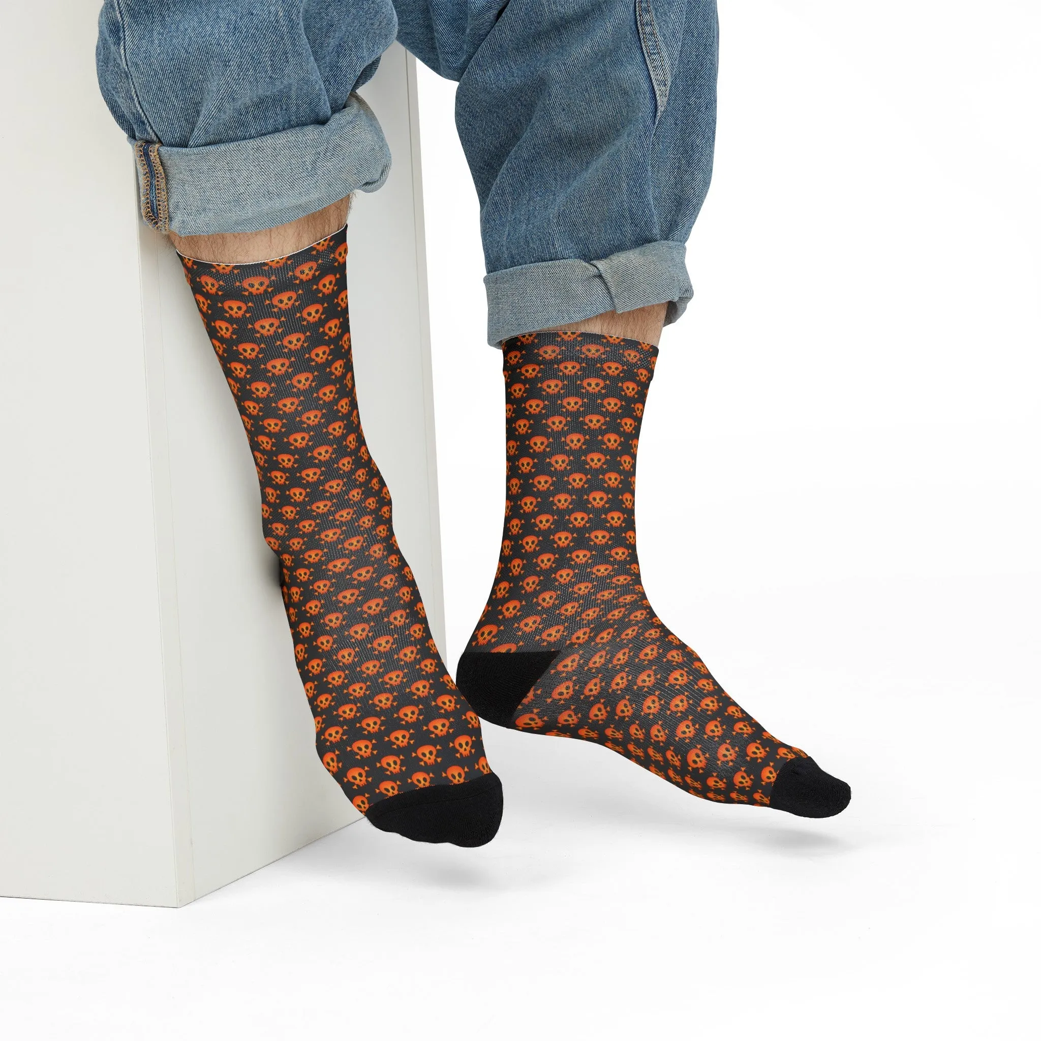 Halloween Orange and Black Skull and Crossbones Pattern Crew Socks